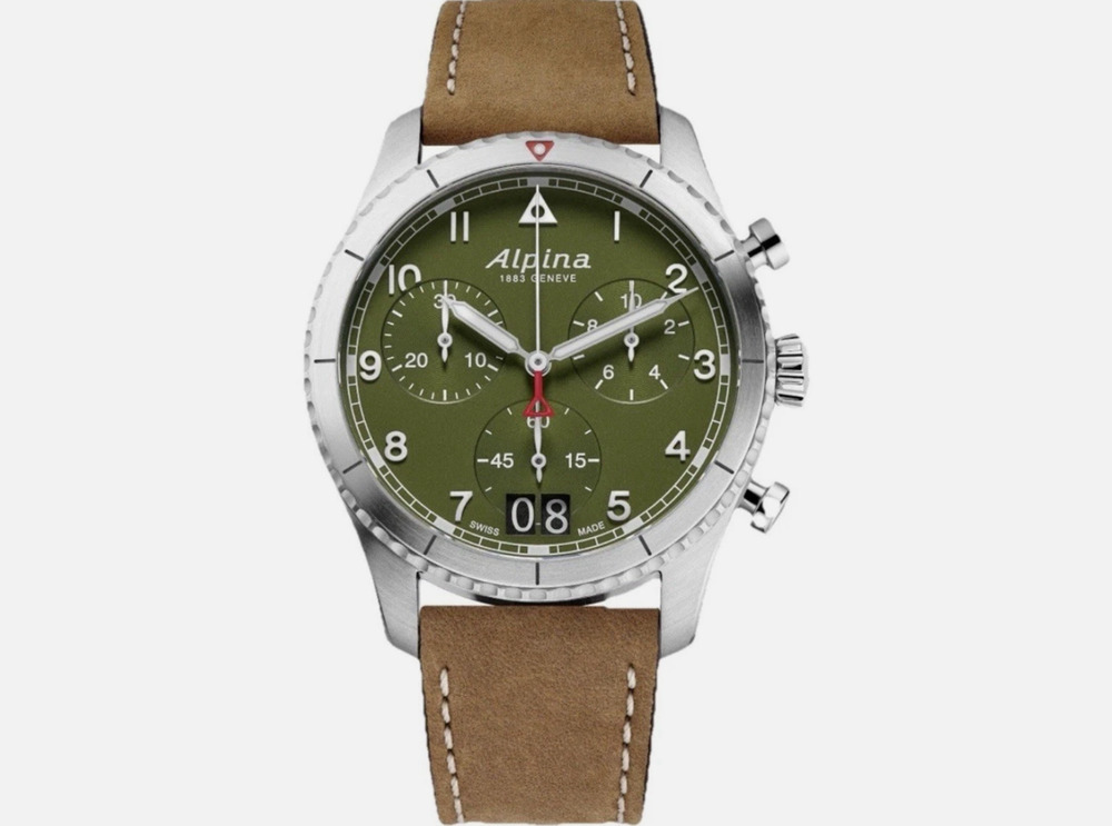Swiss Made Alpina Pilot Chronograph Big Date Green Dial Mens Watch AL-372GR4S26